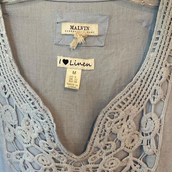 Malvin Sz M Light Blue Linen V-Neck 3/4 Sleeve Summer Everyday Dress - Picture 4 of 6